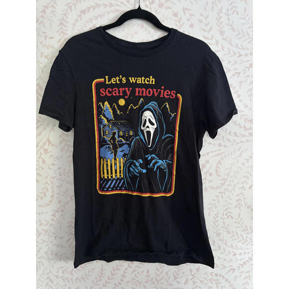 Tops - NEW Spooky Black Graphic 'Let's Watch Scary Movies' Short Sleeve T-Shirt